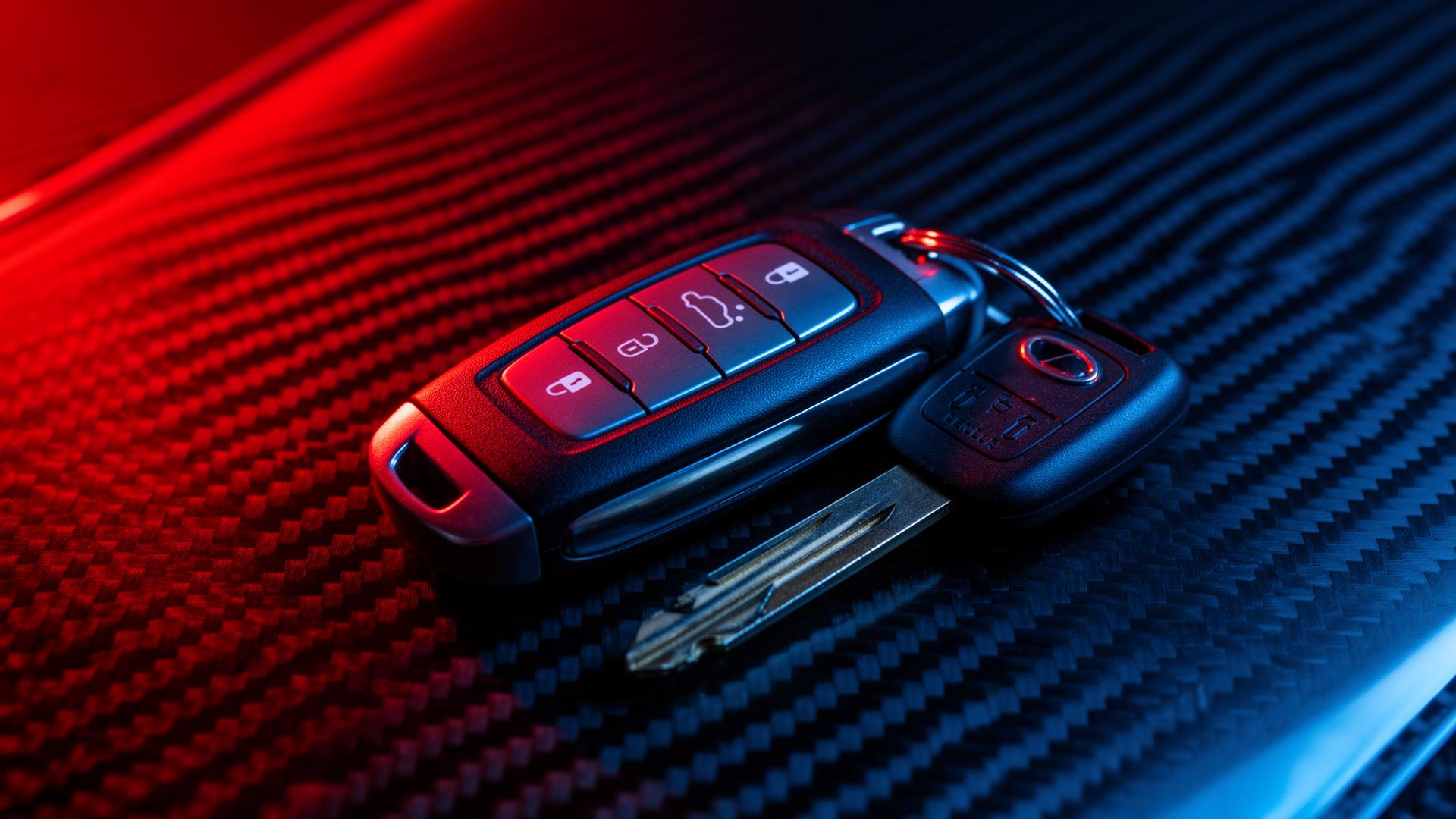 Car key fob illuminated by red and blue light