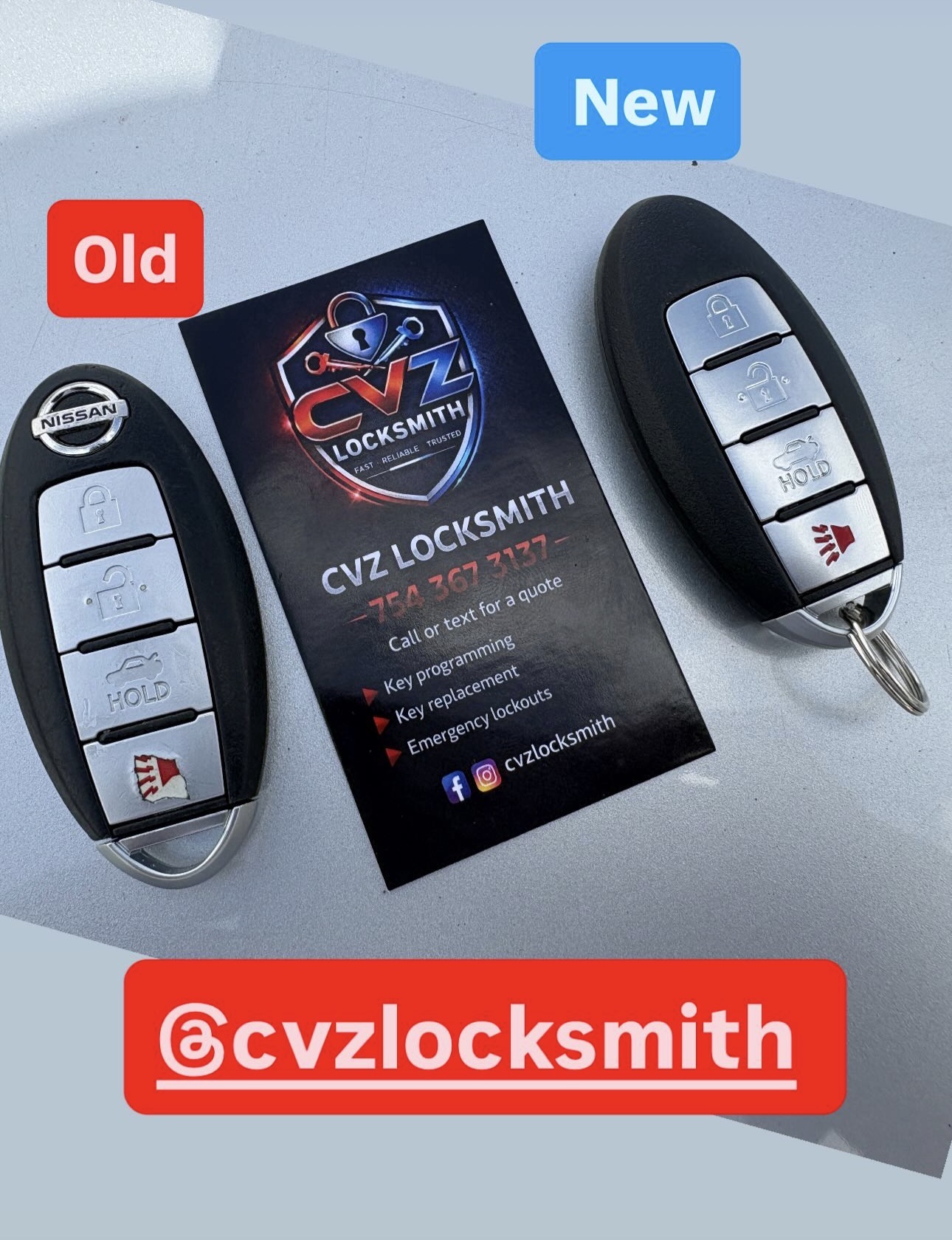 Old and new Nissan smart key fobs with CVZ Locksmith business card